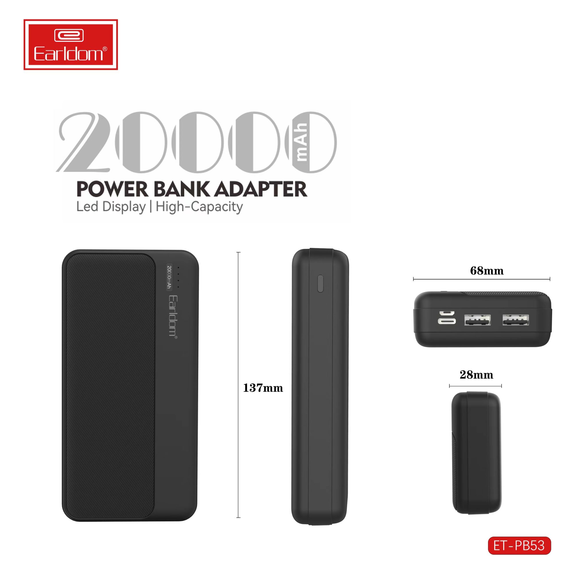 Earldom® PB53 Power Bank Adapter 20000mAh Kuwait Cavarat